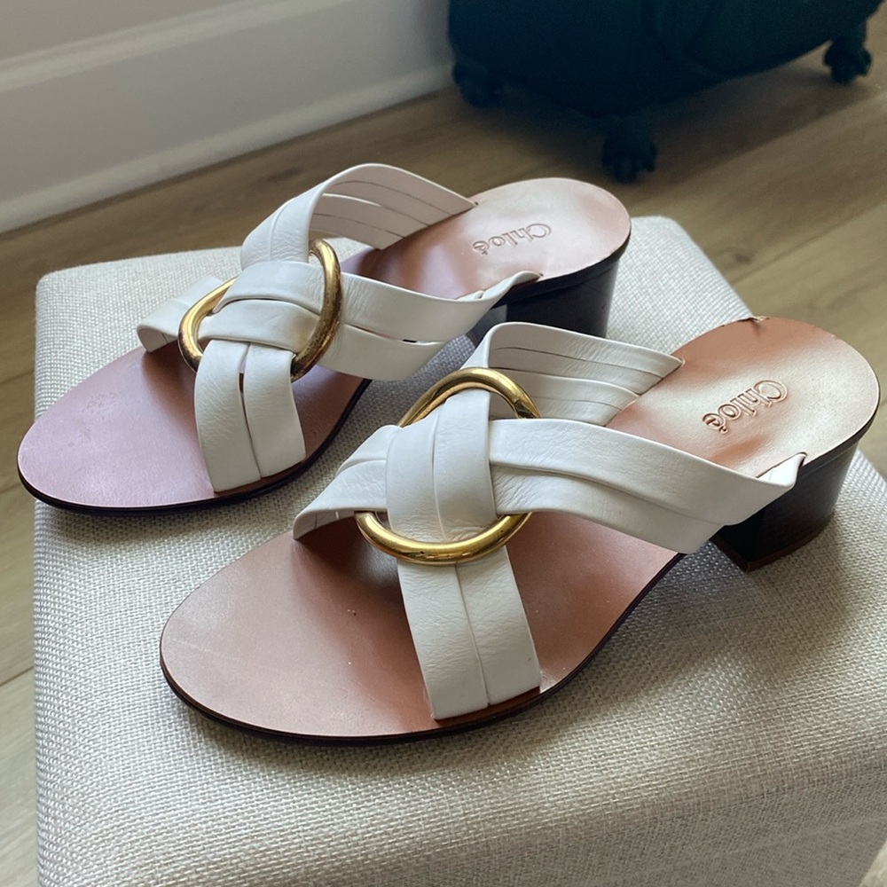 Chloe White Leather Gold Ring Slide Sandals